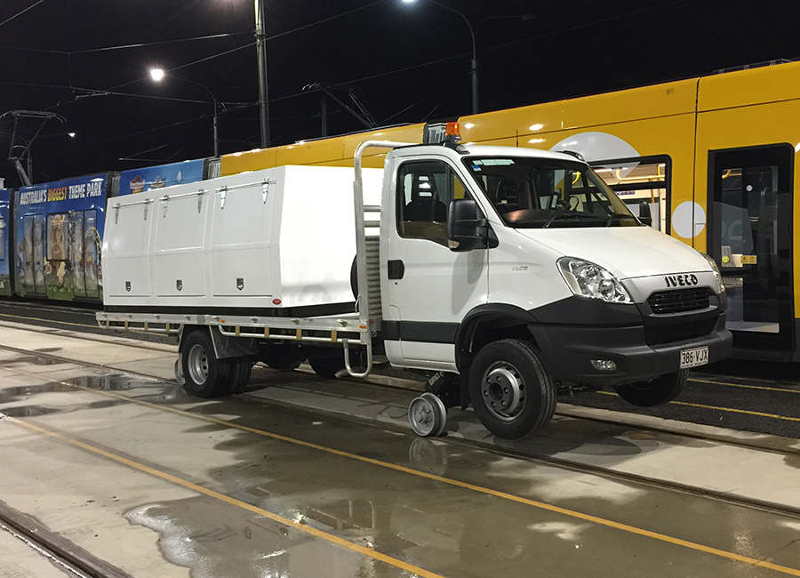 Iveco Daily with Aries Hyrail road-rail vehicle conversion for standard gauge rail
